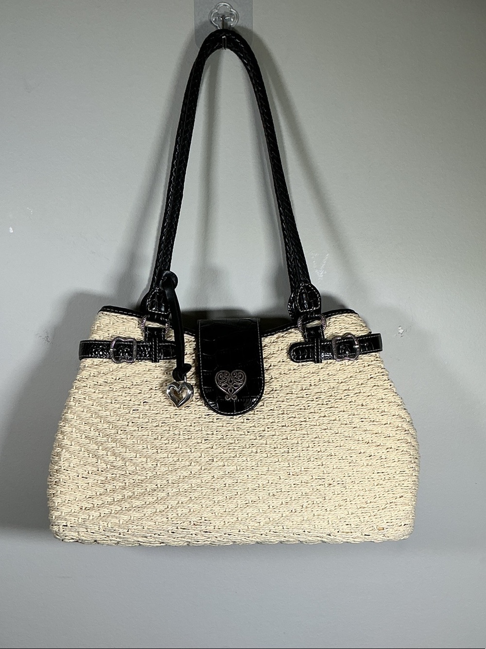 Brighton Straw & Black Leather Shoulder Bag Heart Charm